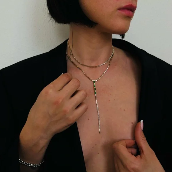 New Emerald Green Gold Minimalist Necklace with Bar Pendant - Picture 3 of 6